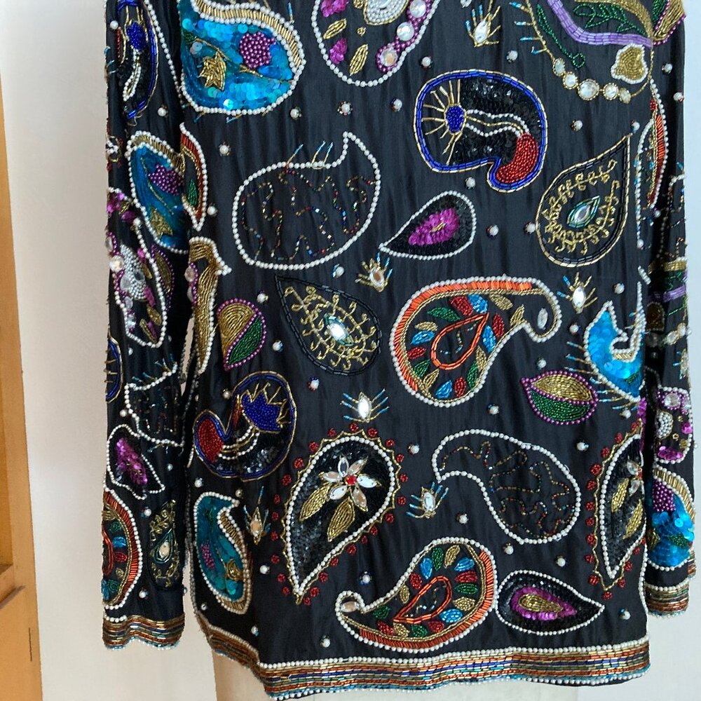 Paisley Sequin Beaded Jeweled Jacket Blue Black Multicolor - Picture 15 of 16